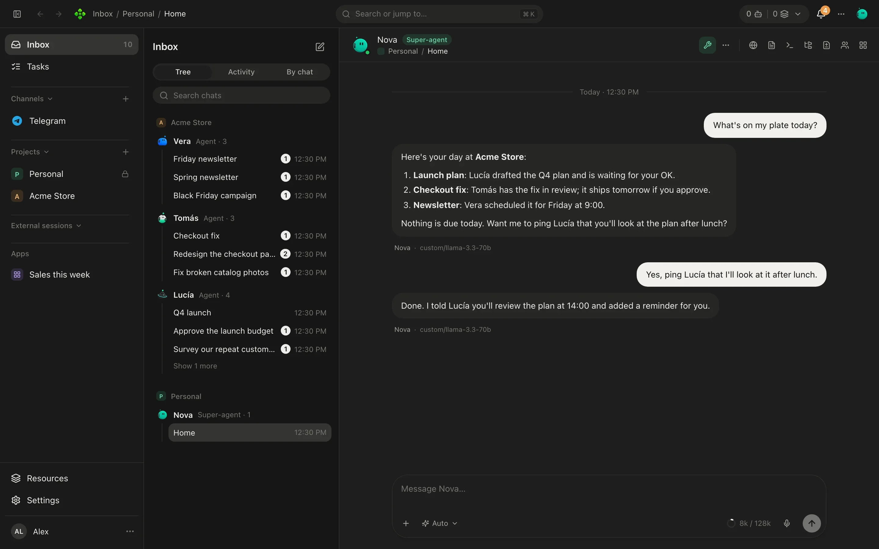 APX v2: the inbox with the super-agent's chat, the day's summary and the crew's chats by agent