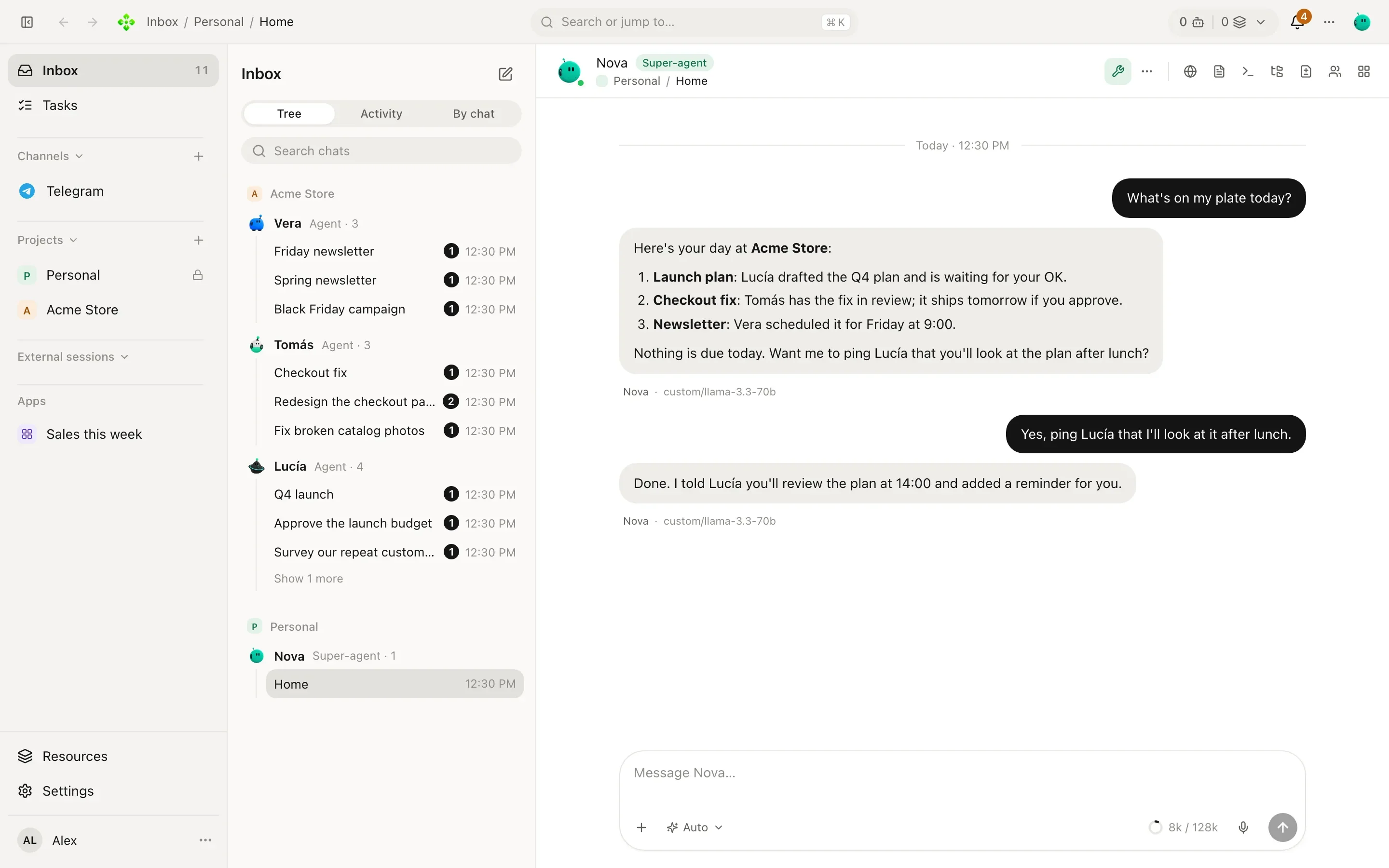 APX v2: the inbox with the super-agent's chat, the day's summary and the crew's chats by agent